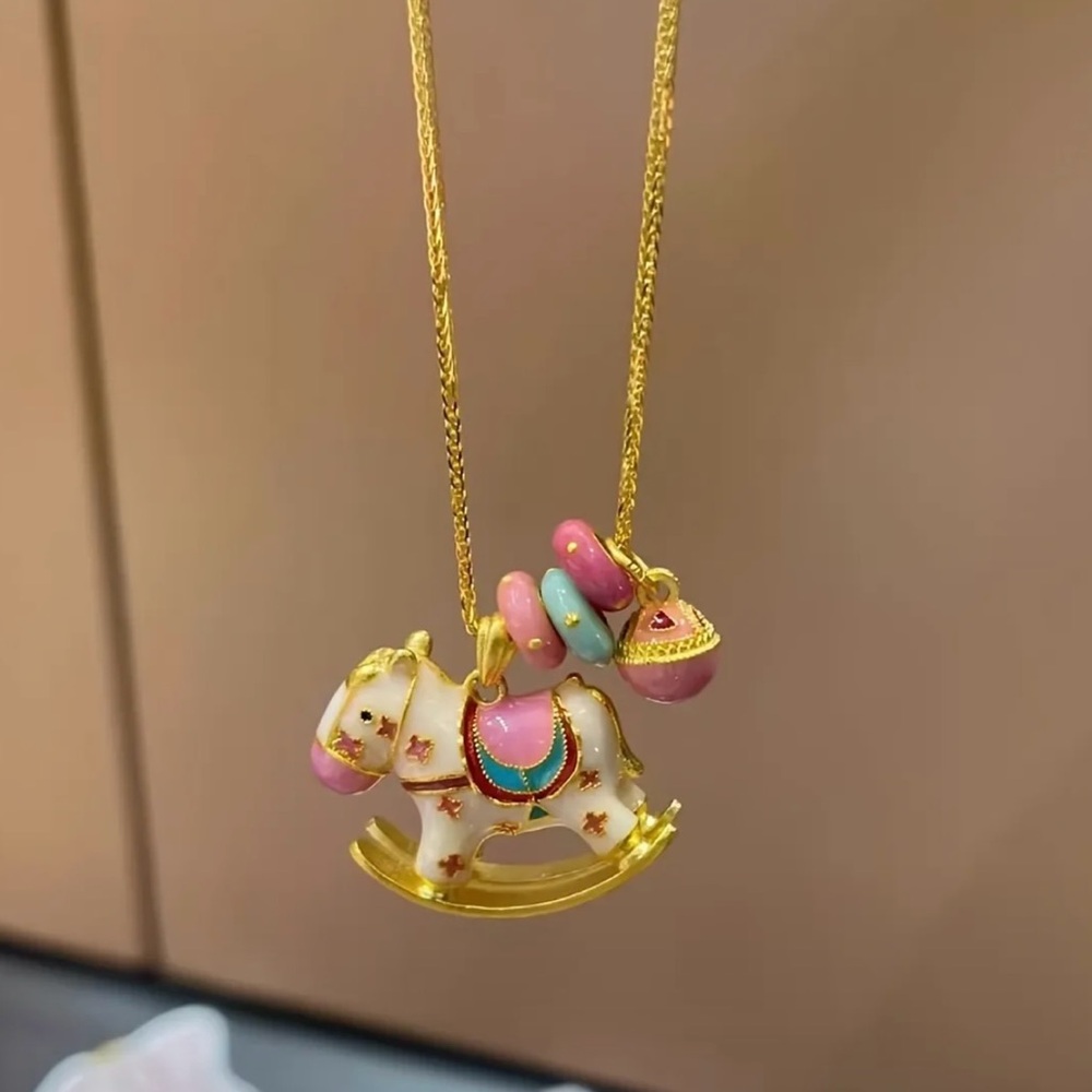 New! Rocking Horse Pendant Necklace with Pastel Whimsical Star Accents